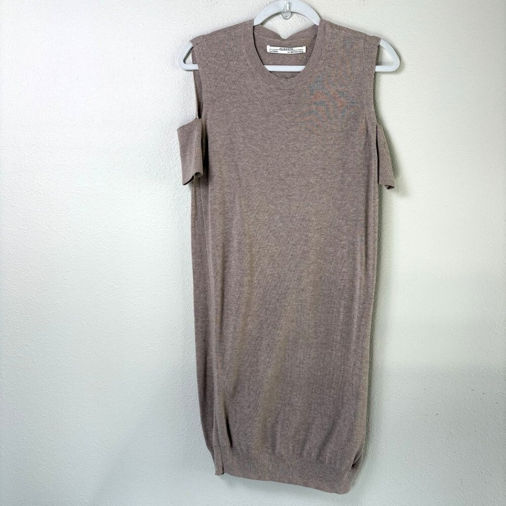 All Saints Hafbec Dress Size 6 Tan Cut Out Cold Shoulder Short Sleeve Mini